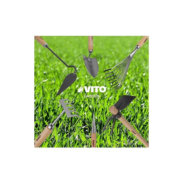 VITO - Rateau de jardin 5 dents Manche bois Inox et Fer forgé à la main  VITO - large