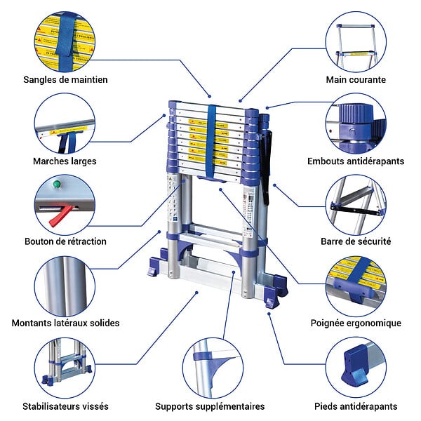 HOSTRÃ–M - Escabeau 11 marches telescopique EXTENDACT11, Echelle telescopique 3.2m+2.9m, escabeau pliable, Stabilisateur, H max travail 4.7m, Garantie 5 ans - large