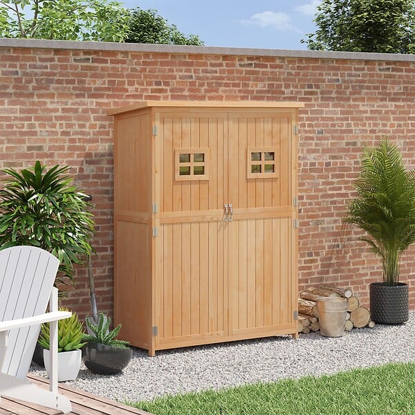OUTSUNNY - Abri de jardin armoire de jardin remise pour outils sur pied dim. 128L x 50l x 164H cm 2 étagères 2 portes 2 fenêtres toit bitumé étanche bois massif sapin pré-huilé - large