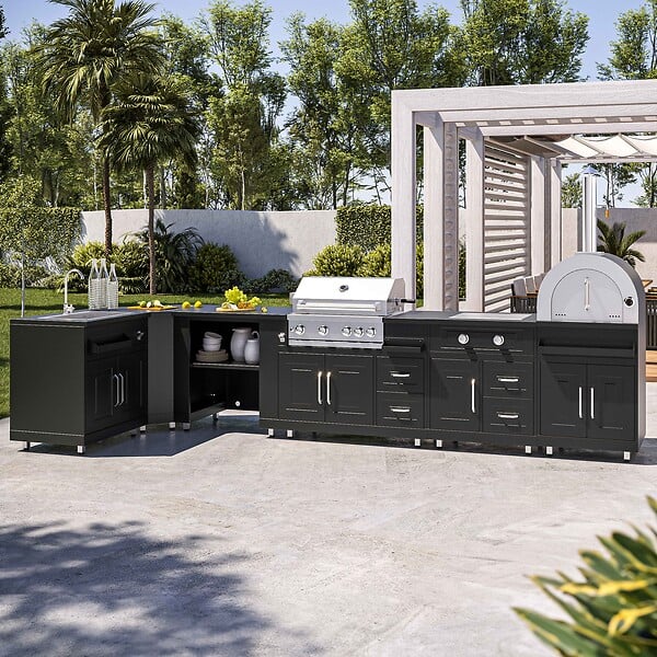 OVIALA - Cuisine d'extérieur angle 6 éléments dont 3 modules de cuisson/évier - large