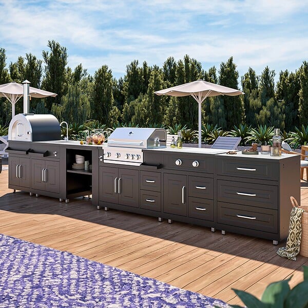 OVIALA - Cuisine d'extérieur 6 meubles avec module cuisson - large
