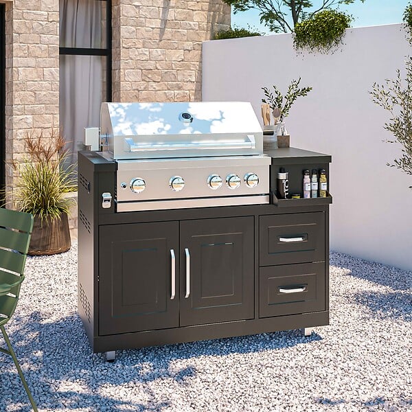 OVIALA - Cuisine d'extérieur angle 4 éléments avec évier et barbecue - large