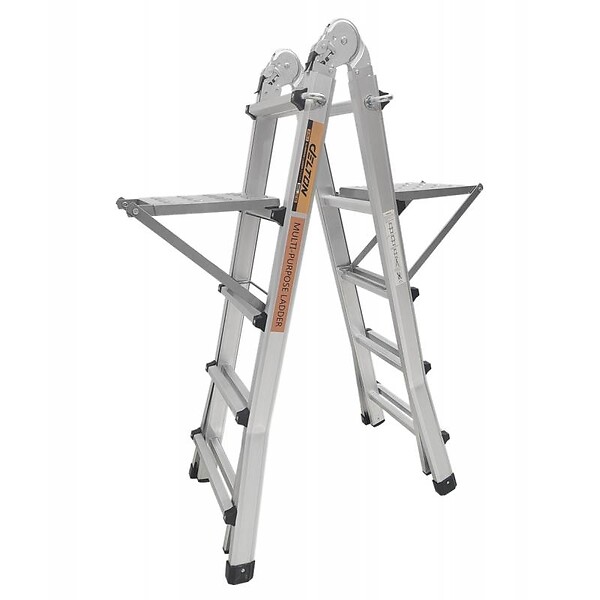 SECURY-T - Échelle articulée pliante et télescopique en aluminium 4x5 marches 4,96m + 2 tablettes - large