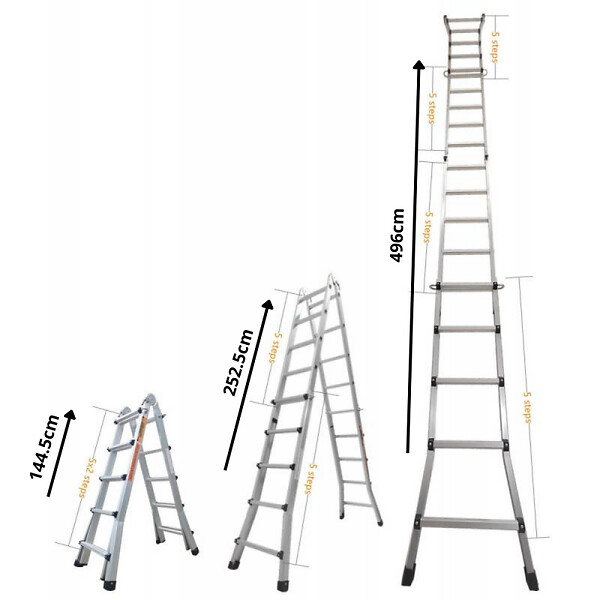 SECURY-T - Échelle articulée pliante et télescopique en aluminium 4x5 marches 4,96m + 2 tablettes - large