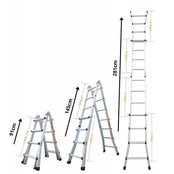 SECURY-T - Échelle articulée pliante et télescopique en aluminium 4x3 marches 2,81m + 1 tablette - large