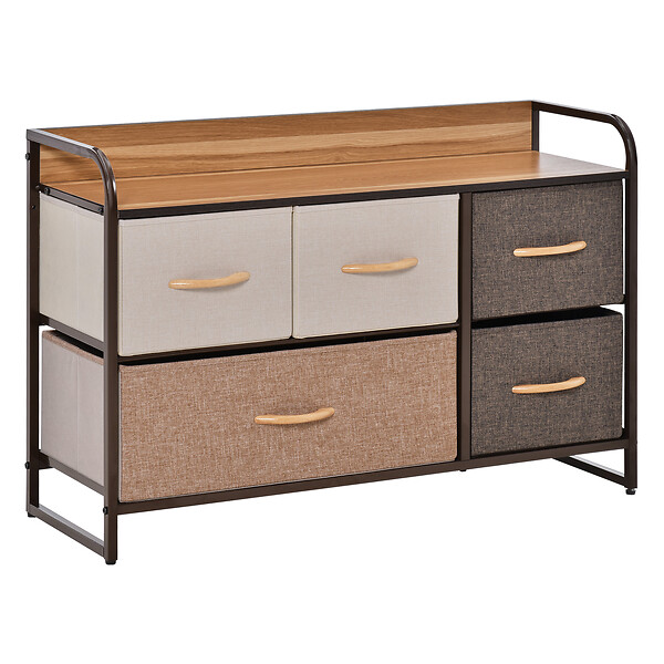 HOMCOM - Commode meuble de rangement 5 tiroirs en tissu 87,5 x 29 x 58 cm Marron et beige - large