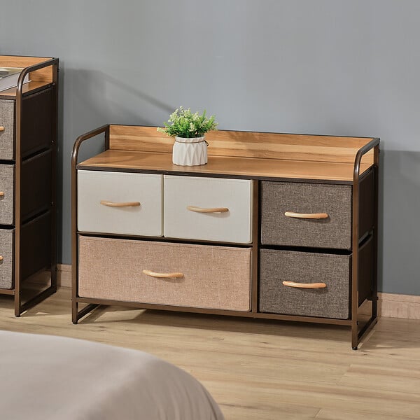 HOMCOM - Commode meuble de rangement 5 tiroirs en tissu 87,5 x 29 x 58 cm Marron et beige - large
