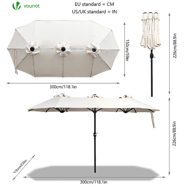 VOUNOT - Parasol Jardin Double Aluminium 150 x 300 cm beige - large