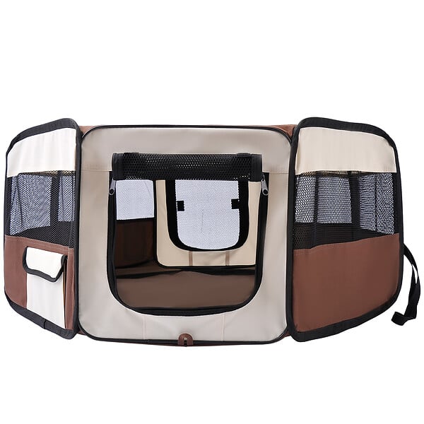 PAWHUT - Parc enclos pliable chien chat Ø 90 x 41H cm - 2 portes, 2 poches, sac transport - acier Oxford marron beige - large