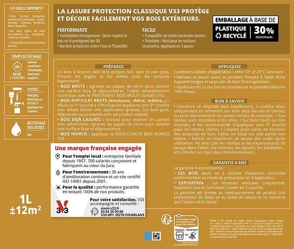 V33 BOIS - Lasure Protection Classique 4 ans chêne foncé 0,75 L - large