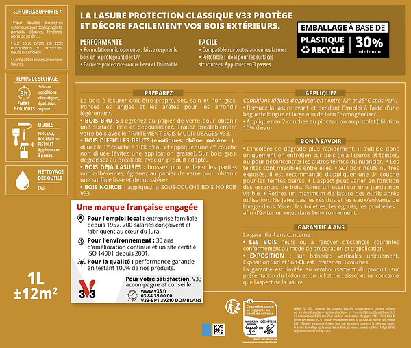 V33 BOIS - Lasure Protection Classique 4 ans pin d'oregon 0,75 L - large