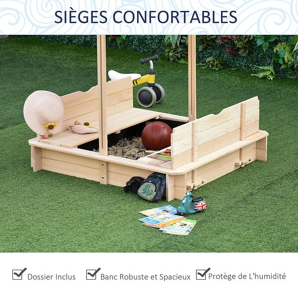 OUTSUNNY - Bac à sable carré en bois pour enfant dim. 106L x 106l cm avec bancs et couvercle - auvent réglable - large