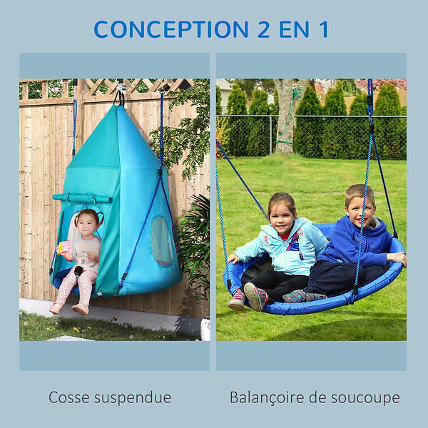 OUTSUNNY - Balançoire nid d'oiseau ronde balançoire panier Ø 1,1 x 1,5H m - tente amovible incluse - accessoires inclus bleu - large