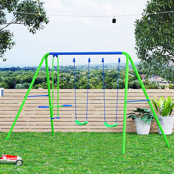 OUTSUNNY - Balançoire 3 agrès portique avec 2 balançoires et face à face dim. 2,8L x 1,4l x 1,78H m métal époxy anticorrosion PE vert bleu - large