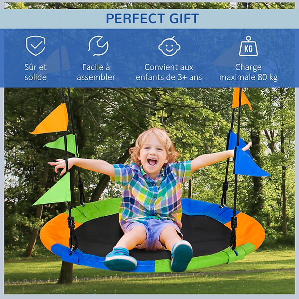 OUTSUNNY - Balançoire nid d'oiseau ronde balançoire panier Ø 100 cm 2 anneaux inclus métal époxy PP Oxford haute densité drapeaux multicolores - large