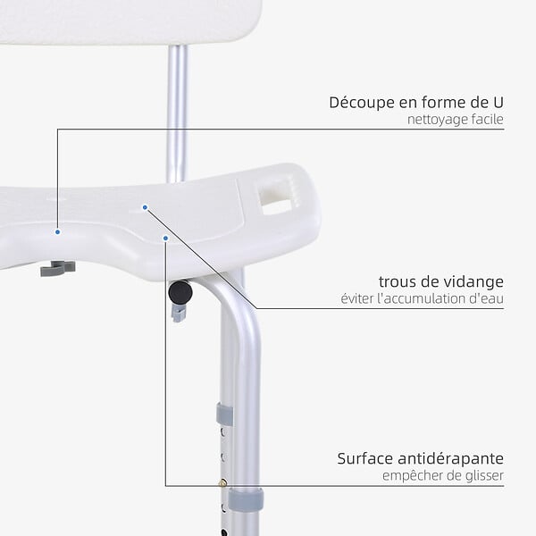 HOMCOM - Chaise de douche siège de douche ergonomique hauteur assise réglable pieds antidérapants charge max. 136 Kg alu HDPE blanc - large