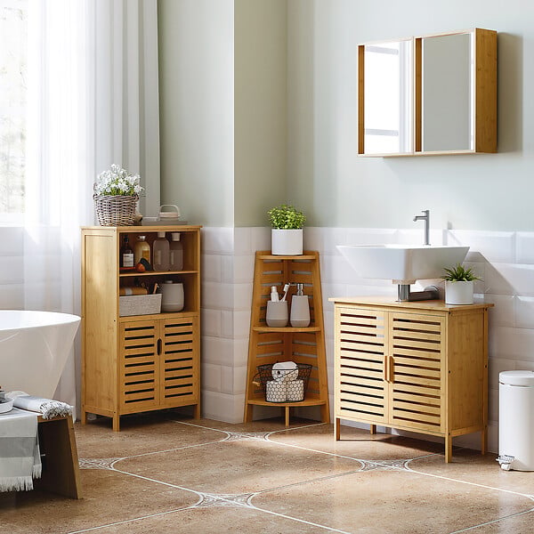 KLEANKIN - Meuble sous-vasque 2 portes à lattes - dim. 66L x 29l x 61,5H cm - bois de bambou verni - large