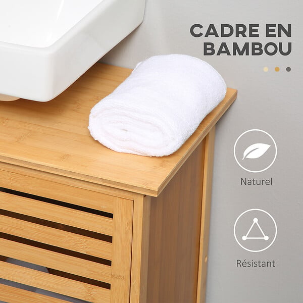 KLEANKIN - Meuble sous-vasque 2 portes à lattes - dim. 66L x 29l x 61,5H cm - bois de bambou verni - large