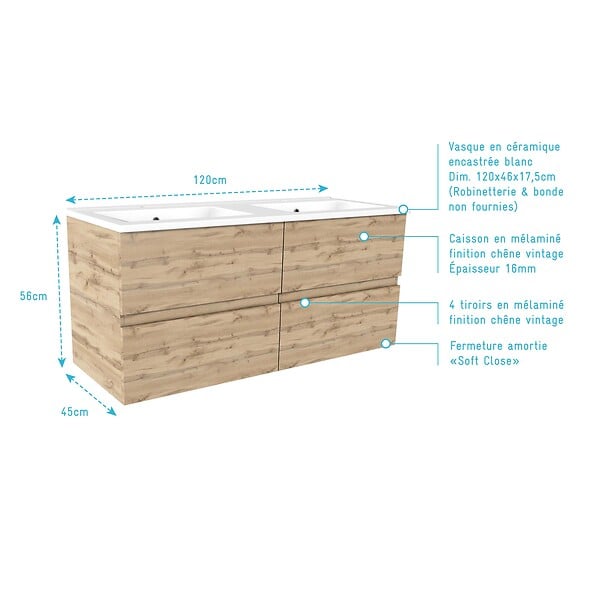 AURLANE - Meuble de salle de bains 120cm 4 Tiroirs_Chêne Naturel + Vasque céramique blanche - TIMBER 120 - large