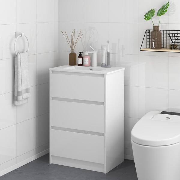 KLEANKIN - Meuble sous-vasque - vasque céramique incluse - 2 tiroirs - dim. 61L x 37l x 88H cm - blanc laqué - large