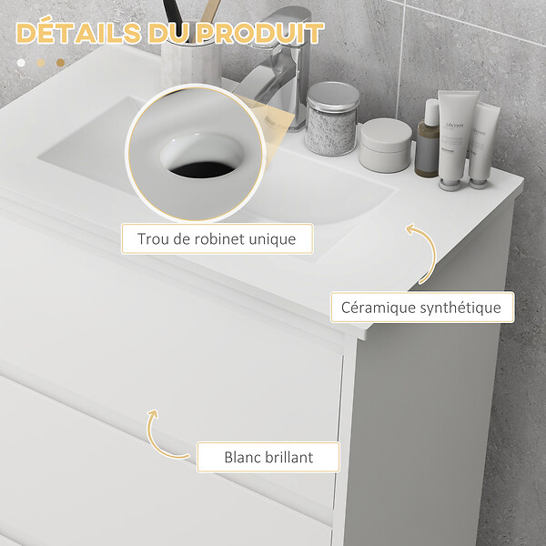 KLEANKIN - Meuble sous-vasque - vasque céramique incluse - 2 tiroirs - dim. 61L x 37l x 88H cm - blanc laqué - large