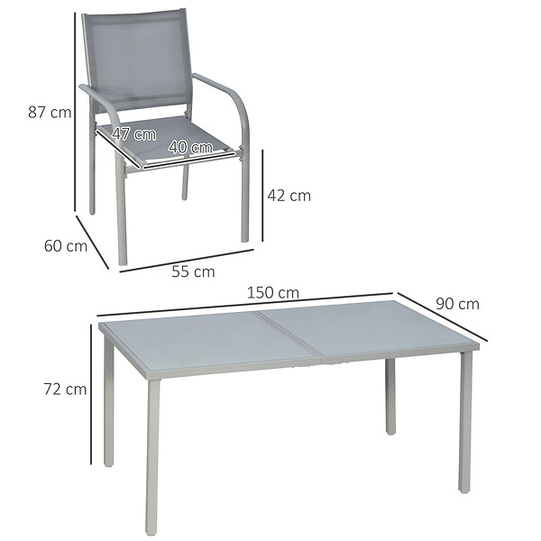 OUTSUNNY - Ensemble de jardin 6 personnes chaises empilables table à manger dim. 150L x 90l x 72H cm plateau verre acier époxy textilène gris - large