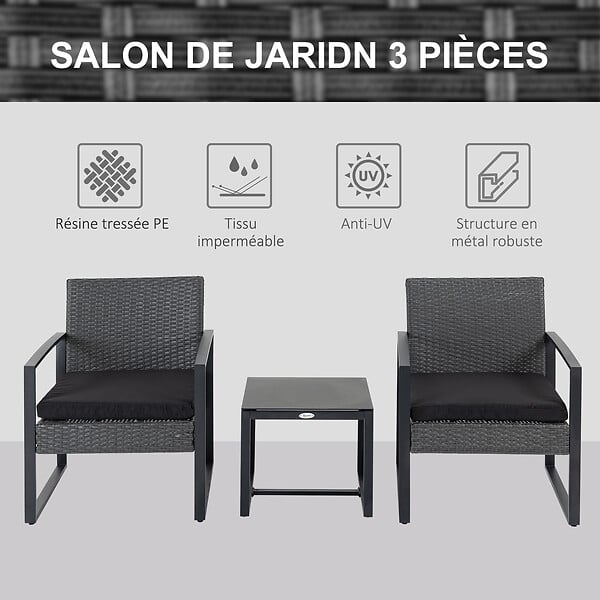 OUTSUNNY - Salon de jardin 2 places 3 pièces 2 chaises avec coussins + table basse plateau verre trempé résine tressée aspect rotin noir - large