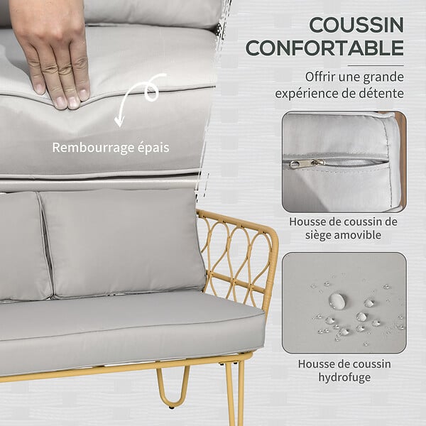 OUTSUNNY - Salon de jardin 4 places 4 pièces style colonial coussins gris inclus résine tressée aspect rotin - large