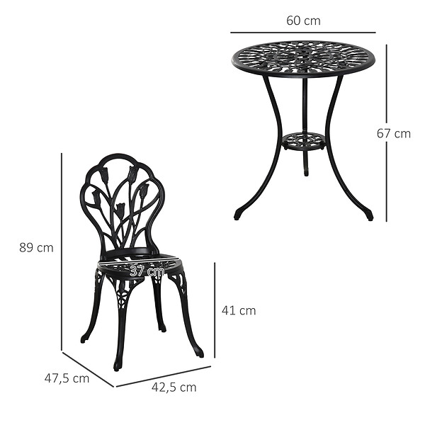 OUTSUNNY - Ensemble salon de jardin 2 places 2 chaises + table ronde fonte d'aluminium imitation fer forgé noir - large