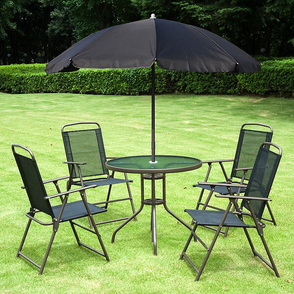 OUTSUNNY - Ensemble salon de jardin 6 pcs - table ronde + 4 chaises pliables + parasol - acier époxy café textilène polyester noir - large