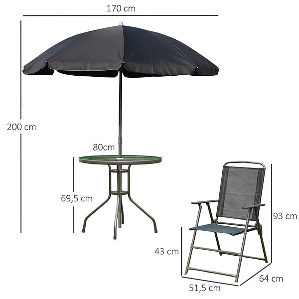 OUTSUNNY - Ensemble salon de jardin 6 pcs - table ronde + 4 chaises pliables + parasol - acier époxy café textilène polyester noir - large