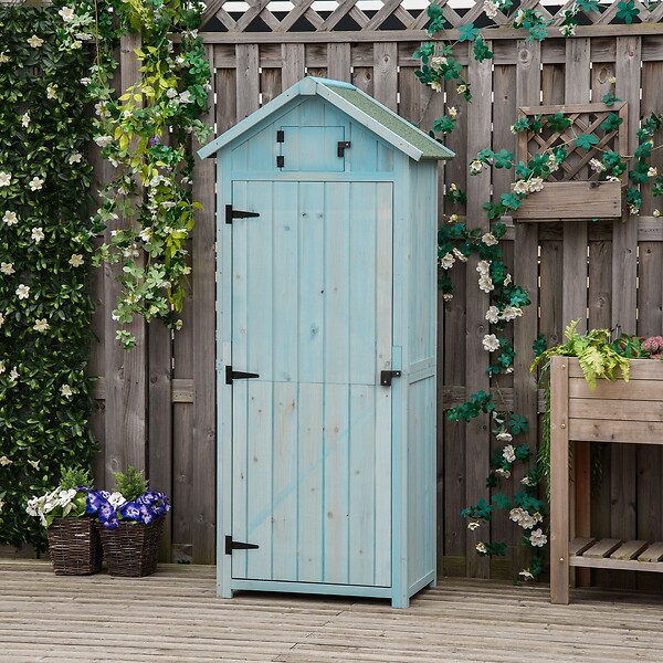 OUTSUNNY - Armoire abri de jardin remise pour outils 3 étagères 2 portes loquets toit pente bitumé 77L x 54l x 179H cm sapin traité bleu - large