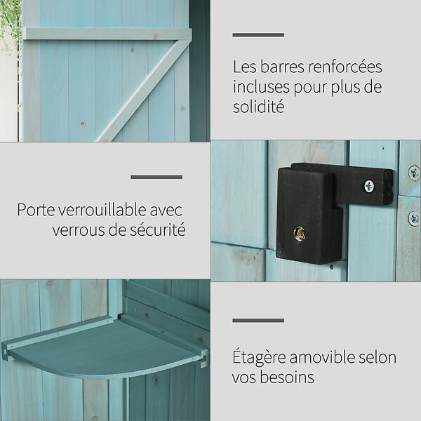 OUTSUNNY - Armoire abri de jardin remise pour outils 3 étagères 2 portes loquets toit pente bitumé 77L x 54l x 179H cm sapin traité bleu - large