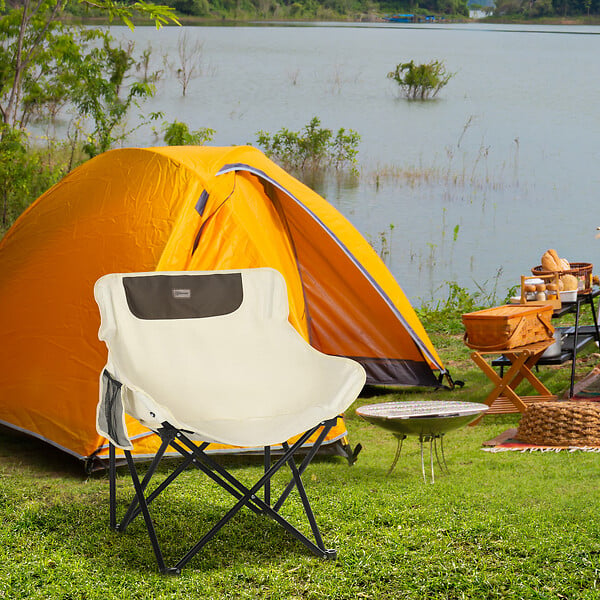 OUTSUNNY - Chaise de camping pliable avec sac de transport et pochette de rangement acier oxford beige - large