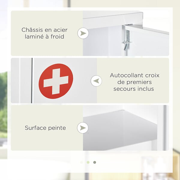 KLEANKIN - Armoire à pharmacie 2 étagères 3 niv. verrouillables dim. 40L x 15l x 53H cm 2 clés logo croix acier blanc - large