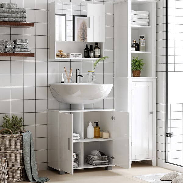 KLEANKIN - Armoire murale miroir de salle de bain - 2 portes, étagères, niche - dim. 54L x 15,2l x 55,3H cm - MDF blanc - large