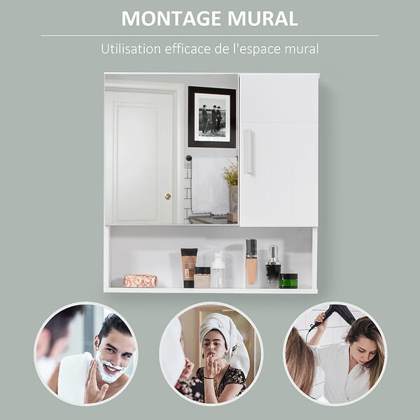 KLEANKIN - Armoire murale miroir de salle de bain - 2 portes, étagères, niche - dim. 54L x 15,2l x 55,3H cm - MDF blanc - large