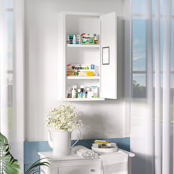 KLEANKIN - Armoire à pharmacie 2 étagères 3 niveaux dim. 30L x 12l x 60H cm logo croix transparent acier blanc - large