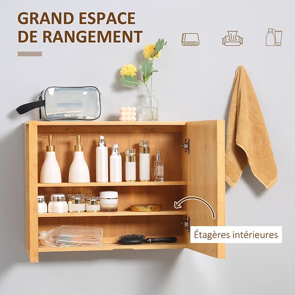 KLEANKIN - Miroir de salle de bain avec placard 2 portes - 2 étagères - bois de bambou verni - large