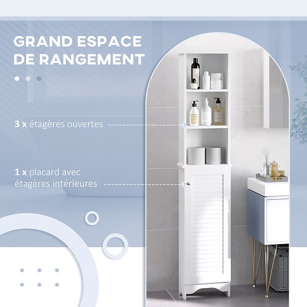 HOMCOM - Meuble colonne salle de bain 3 niches placard porte persienne 3 étagères MDF panneaux de particules blanc - large