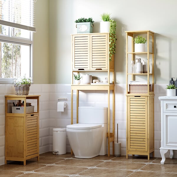 KLEANKIN - Meuble colonne rangement salle de bain style cosy dim. 34L x 30l x 173H cm porte à lattes 3 étagères bambou MDF aspect bois clair - large