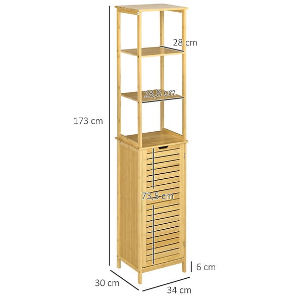 KLEANKIN - Meuble colonne rangement salle de bain style cosy dim. 34L x 30l x 173H cm porte à lattes 3 étagères bambou MDF aspect bois clair - large