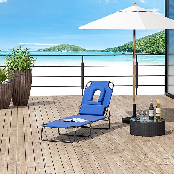 OUTSUNNY - Bain de soleil pliable transat inclinable 4 positions chaise longue de lecture 3 coussins fournis bleu - large