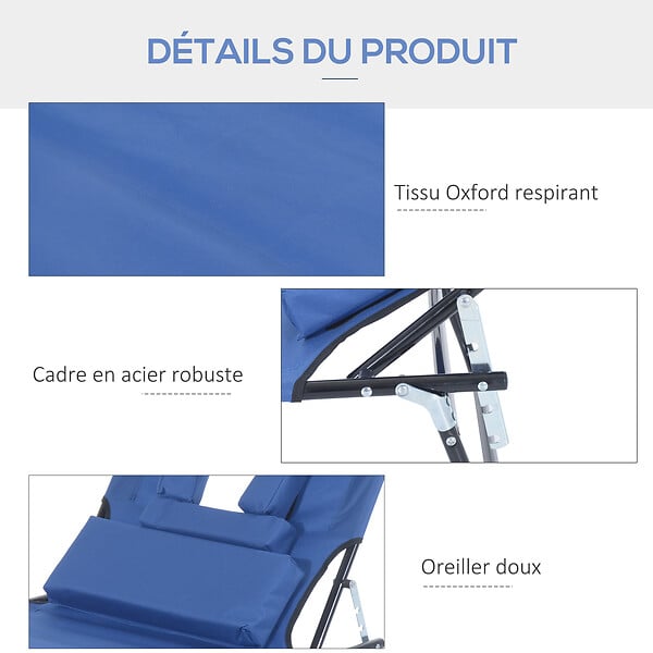 OUTSUNNY - Bain de soleil pliable transat inclinable 4 positions chaise longue de lecture 3 coussins fournis bleu - large
