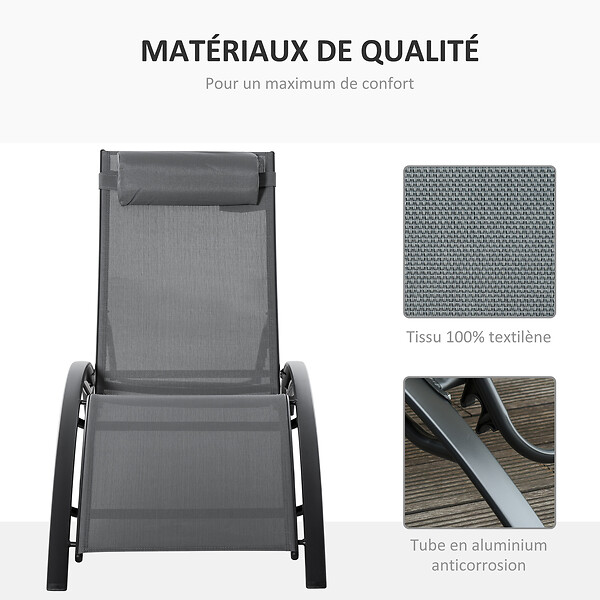 OUTSUNNY - Bain de soleil transat design contemporain inclinable multi-positions tétière amovible incluse alu textilène gris - large