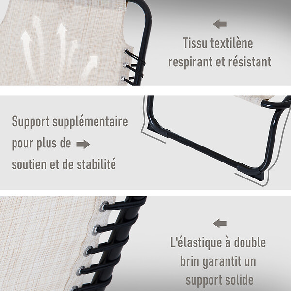 OUTSUNNY - Bain de soleil transat pliable dossier inclinable multi-positions acier thermoplastique lacets élastiques noir textilène crème - large