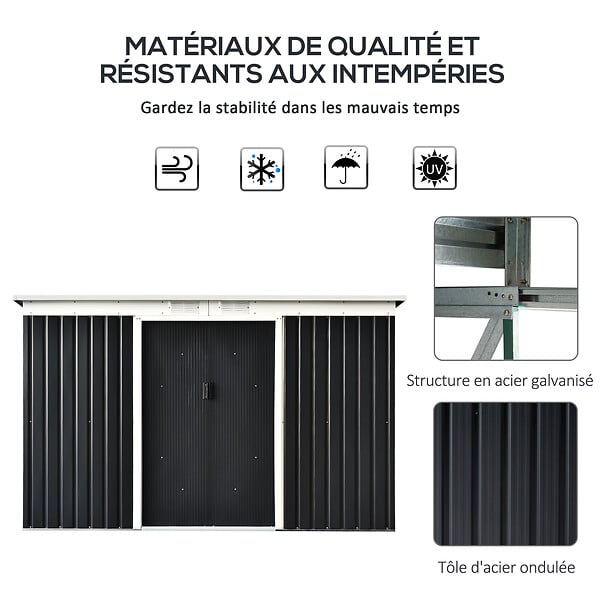 OUTSUNNY - Abri de jardin - remise pour outils - cabanon portes verrouillables - dim. 2,8L x 1,3l x 1,72H m - tôle d'acier gris noir - large