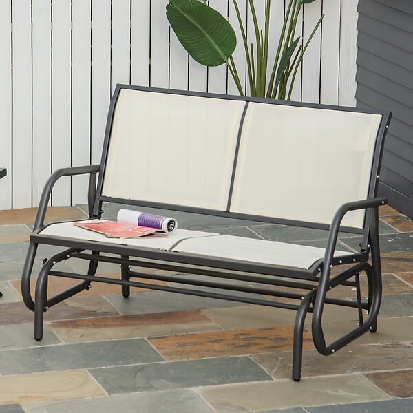 OUTSUNNY - Banc à bascule de jardin 2 places design contemporain grand confort accoudoirs assise et dossier ergonomique acier textilène beige - large