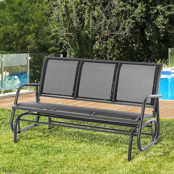 OUTSUNNY - Banc à bascule de jardin 3 places design contemporain grand confort accoudoirs assise et dossier ergonomique acier textilène noir - large