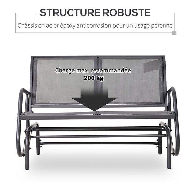 OUTSUNNY - Banc à bascule de jardin 2 places design contemporain grand confort accoudoirs assise, dossier ergonomique acier textilène gris - large